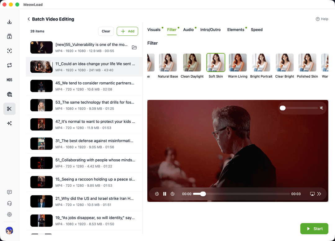 Aplicación de filtro de vídeo por lotes